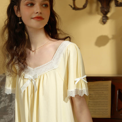 Women's Cotton Nightgown Short Sleeve Sleepwear Vintage Victorian Nightshirt Lounge Dress
