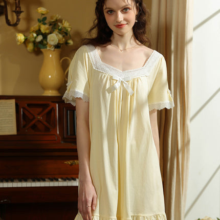 Women's Cotton Nightgown Short Sleeve Sleepwear Vintage Victorian Nightshirt Lounge Dress