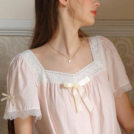 Women's Cotton Nightgown Short Sleeve Sleepwear Vintage Victorian Nightshirt Lounge Dress
