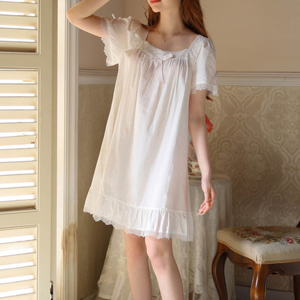 Women's Cotton Nightgown Short Sleeve Sleepwear Vintage Victorian Nightshirt Lounge Dress