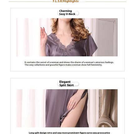 Chemise For Women Short Sleeve Nightgown Lace Silk Sleepwear Nightdress