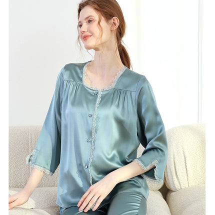 Women's Silk Pajamas Short Sleeve Shirts Pjs Long Pants Sleepwear 2 Piece Set