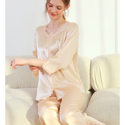 Women's Silk Pajamas Short Sleeve Shirts Pjs Long Pants Sleepwear 2 Piece Set