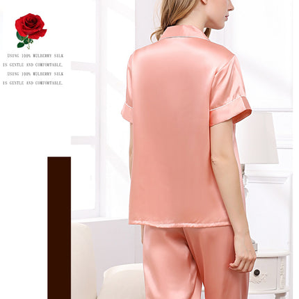 Women's Silk Pajamas Short Sleeve Shirts Pjs Pants Sleepwear 2 Piece Set