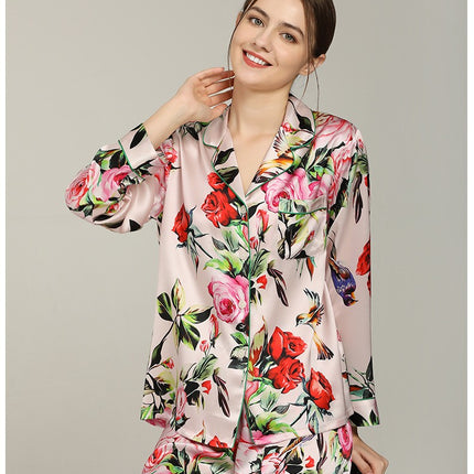 Women's Silk Pajamas Loungewear Two-piece Sleepwear Button-Down Pj Set-A1