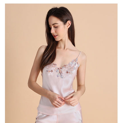 Women's Silk Pajamas Set Lace Cami Tops and Shorts V Neck Sleepwear 2 Piece