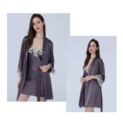 Women's Silk Robes Silk Nightgown and Robes Lace Cami Sleepwear with Robe