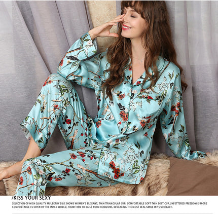 Women Silk Pajamas Long Sleeve Silk Pjs Set, Two-piece Button-Down Sleepwear