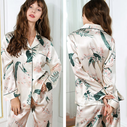 Women Silk Pajamas Long Sleeve Silk Pjs Set, Two-piece Button-Down Sleepwear
