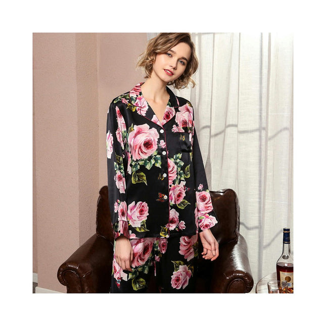 Women's Silk Pajamas Loungewear Two-piece Sleepwear Button-Down Pj Set-A2