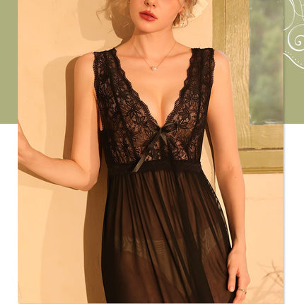 Women's Lace V Neck Lingerie Sleeveless Nightwear Sexy Strap Chemise Sleepwear Set