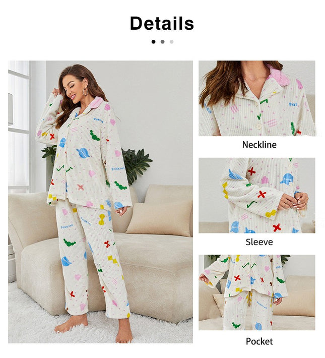 Women's Pajama Set Soft Warm Sherpa Long Sleeve Button-Down Pjs