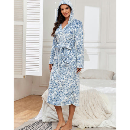 Women's Hooded Bathrobe Fleece Plush Warm Long Soft Robes