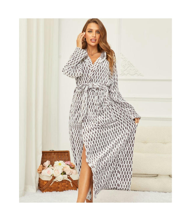 Women's Hooded Bathrobe Fleece Plush Warm Long Soft Robes