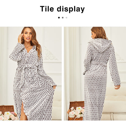 Women's Hooded Bathrobe Fleece Plush Warm Long Soft Robes
