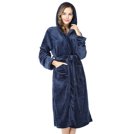 Women's Hooded Fleece Robe Soft Plush Bathrobe Fluffy House Coat