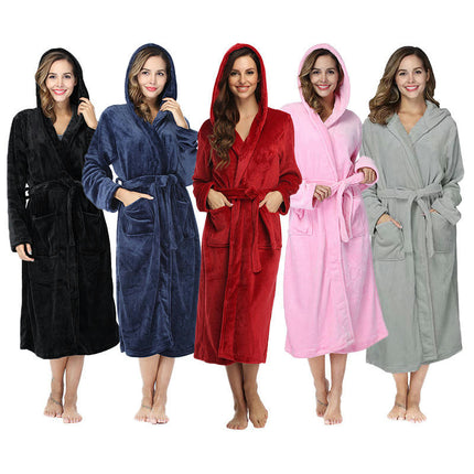 Women's Hooded Fleece Robe Soft Plush Bathrobe Fluffy House Coat