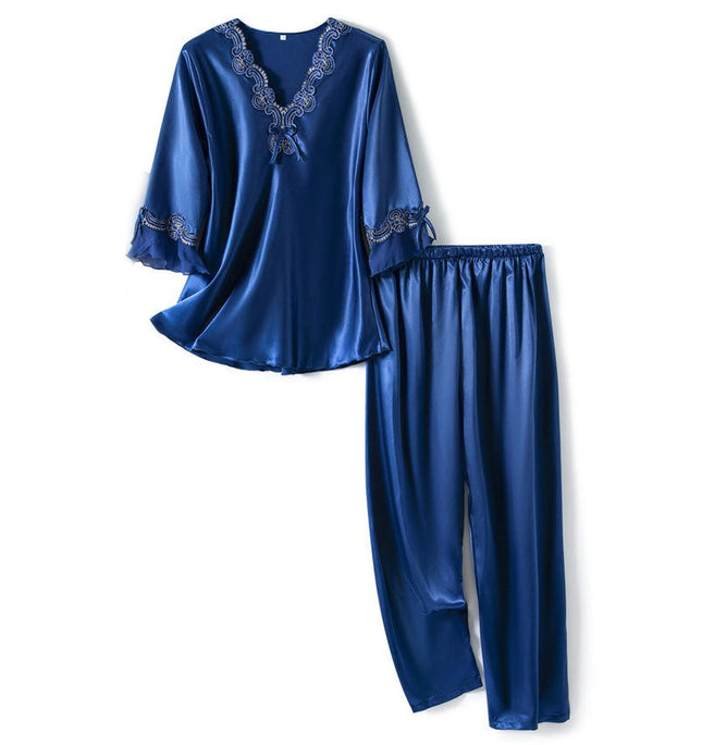 Women Satin Short Sleeve Silk Pajama Sets Soft Sleepwear Top with Long Pj Pant