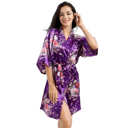 Women's Floral Silky Robes Satin Short Kimono Bathrobe Soft Sleepwear