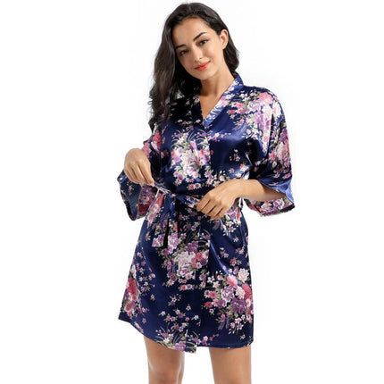 Women's Floral Silky Robes Satin Short Kimono Bathrobe Soft Sleepwear