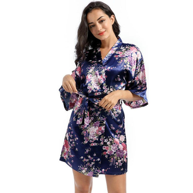 Women's Floral Silky Robes Satin Short Kimono Bathrobe Soft Sleepwear