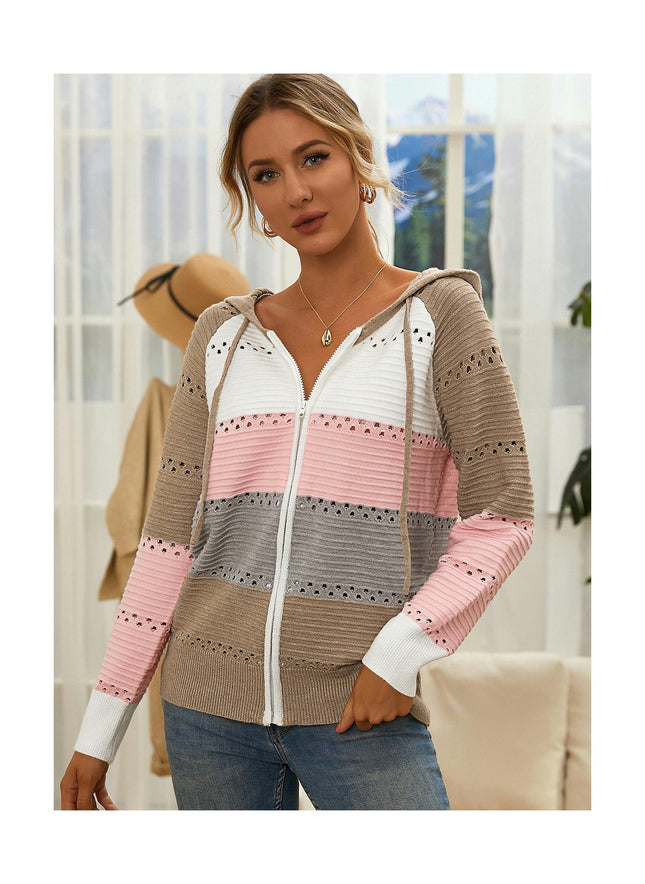 Women's Zipper Open Chest Hooded Knit Jacket Colorblocked Hollow Out Knit Cardigan