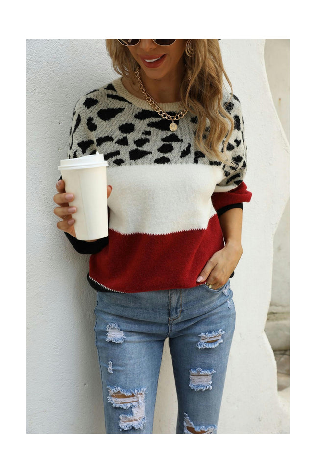 Women's Long Sleeve Seahorse Hair Patchwork Color Round Neck Sweater Loose Casual Pullover Knit Sweater