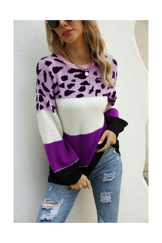Women's Long Sleeve Seahorse Hair Patchwork Color Round Neck Sweater Loose Casual Pullover Knit Sweater