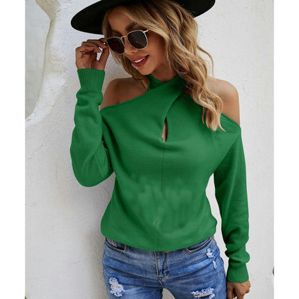 Women's Solid Color Long Sleeve Knit Sweater Hanging Neck Cross Sexy Strapless Sweater Top