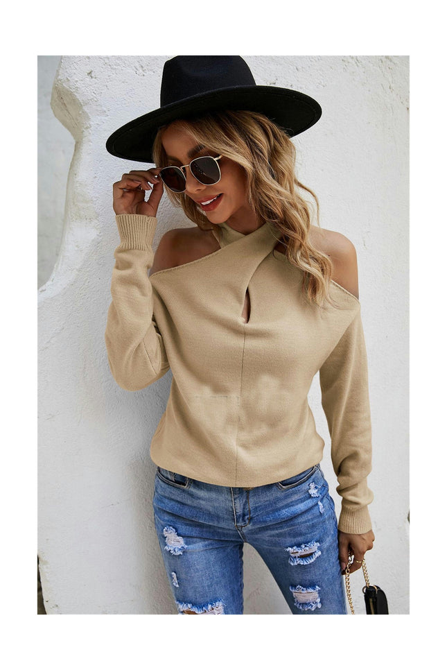 Women's Solid Color Long Sleeve Knit Sweater Hanging Neck Cross Sexy Strapless Sweater Top