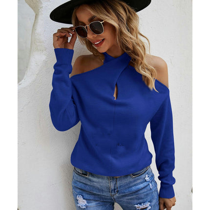 Women's Solid Color Long Sleeve Knit Sweater Hanging Neck Cross Sexy Strapless Sweater Top