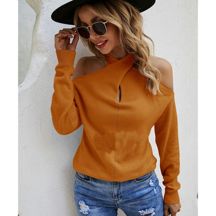 Women's Solid Color Long Sleeve Knit Sweater Hanging Neck Cross Sexy Strapless Sweater Top