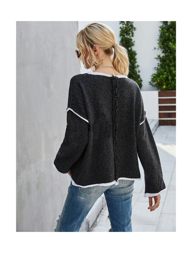 Women's Sweater Round Neck Knit Sweater Plus Size Back Fringe Pullover Sweater