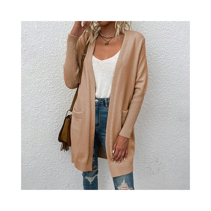 Solid Color Pocket Knit Sweater Mid-Length Sweater Women Cardigan Jacket