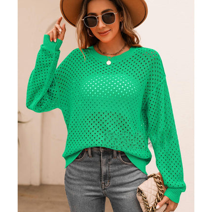 Women's Solid Color Long Sleeve Knit Sweater Skeleton Pullover Crew Neck Sweater Top