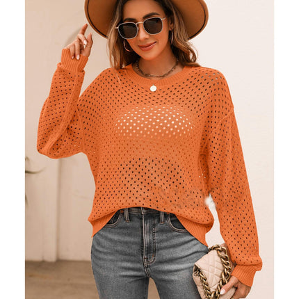 Women's Solid Color Long Sleeve Knit Sweater Skeleton Pullover Crew Neck Sweater Top