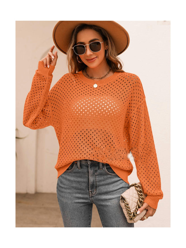 Women's Solid Color Long Sleeve Knit Sweater Skeleton Pullover Crew Neck Sweater Top