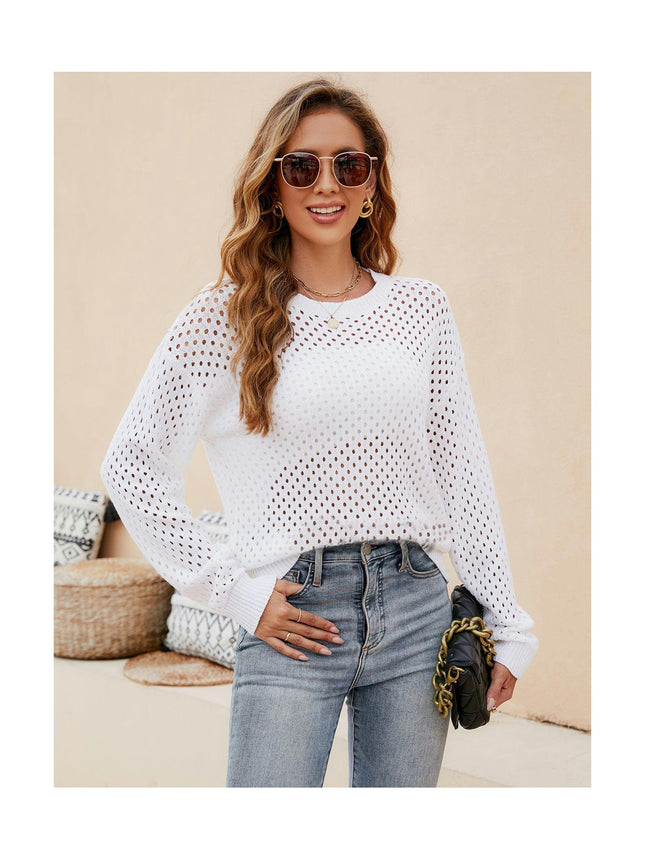 Women's Solid Color Long Sleeve Knit Sweater Skeleton Pullover Crew Neck Sweater Top