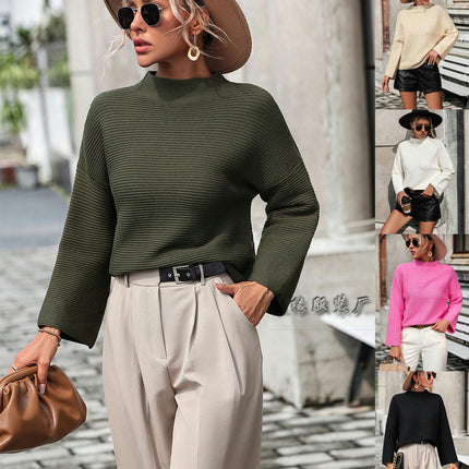 Women's Casual Long Sleeve Solid Color Mid-High Crew Neck Loose Pullover Knit Sweater Top