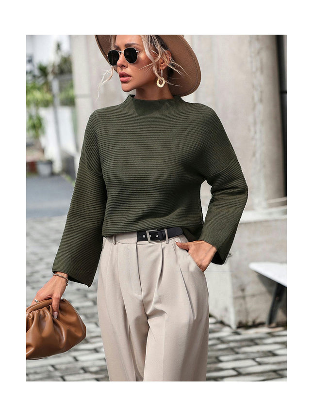 Women's Casual Long Sleeve Solid Color Mid-High Crew Neck Loose Pullover Knit Sweater Top