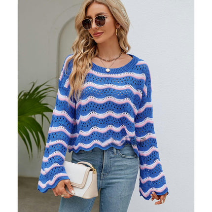 Women's Fashion Hollow Crochet Long Sleeve Blouse Round Neck Knit Striped Sweater