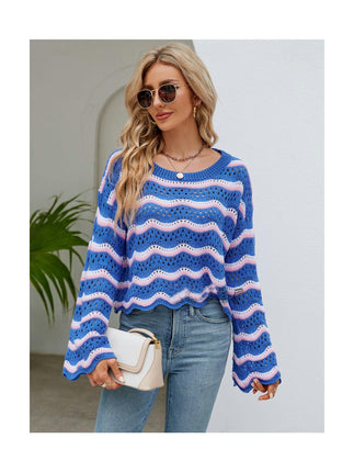 Women's Fashion Hollow Crochet Long Sleeve Blouse Round Neck Knit Striped Sweater