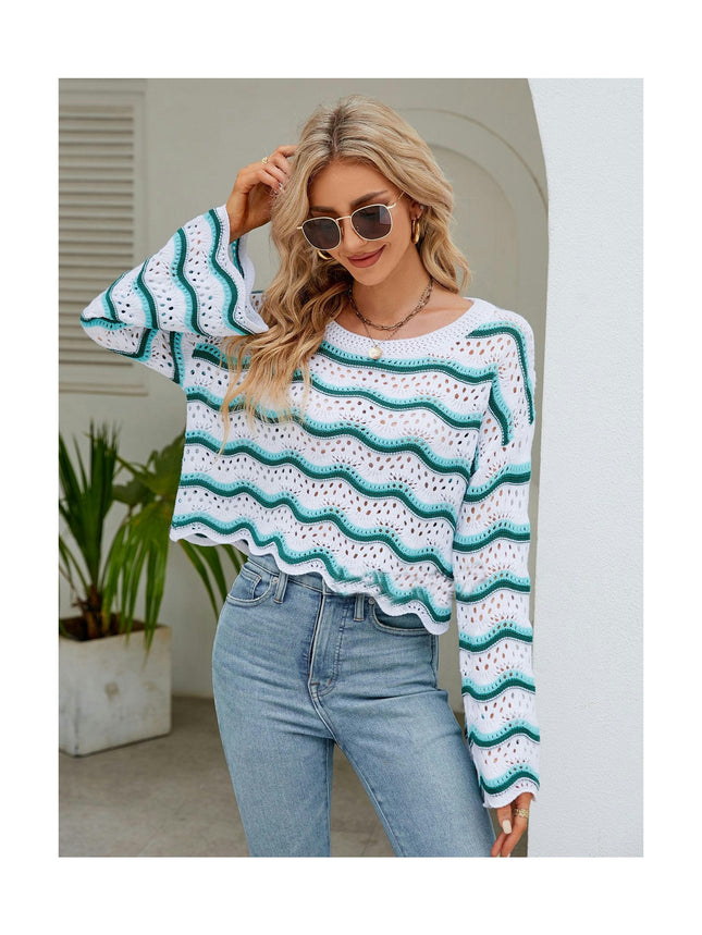 Women's Fashion Hollow Crochet Long Sleeve Blouse Round Neck Knit Striped Sweater