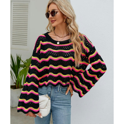 Women's Fashion Hollow Crochet Long Sleeve Blouse Round Neck Knit Striped Sweater