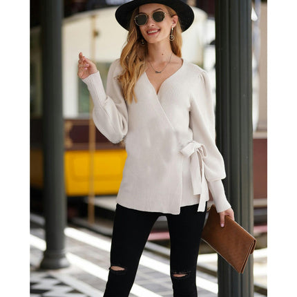Women's Wrap V-neck Long Sleeve Front Tie Cardigan-Casual Knit Sweater Top