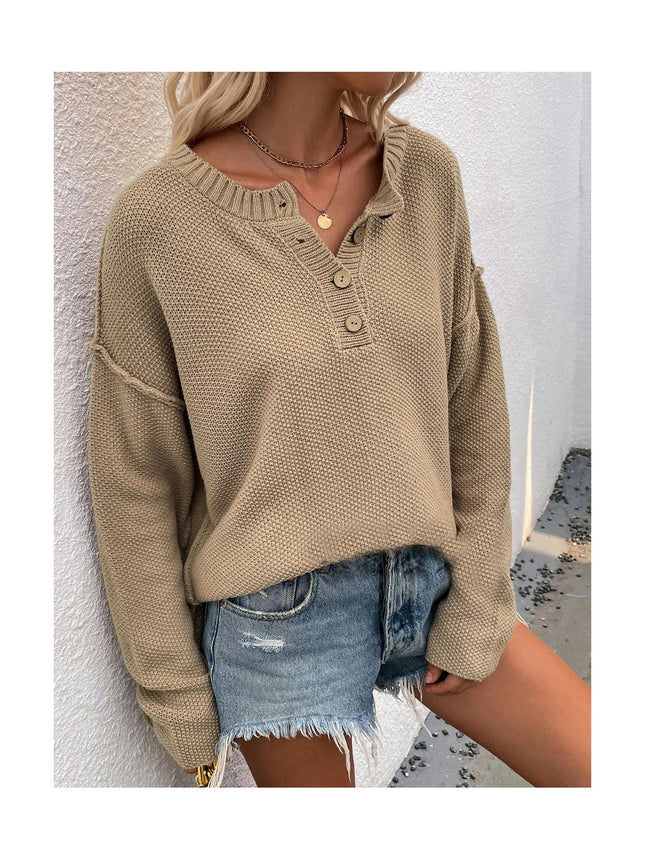 Women's Long Sleeve Waffle Knit Sweater V-Neck Loose Side Slit Pullover Sweater Top