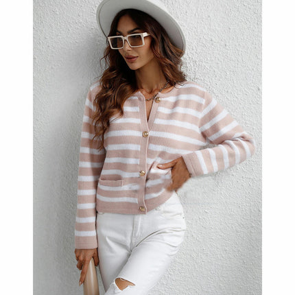 Women's Striped Knit Long Sleeve Single Breasted Cardigan Short Sweater