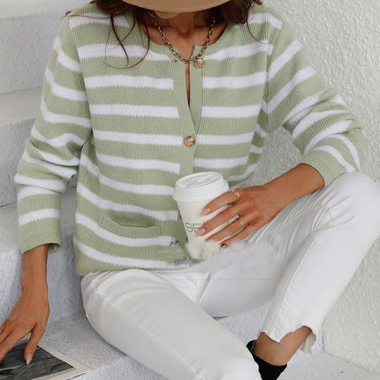 Women's Striped Knit Long Sleeve Single Breasted Cardigan Short Sweater