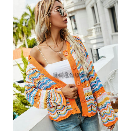 Women's Rainbow Knit Button Cardigan Sweater Long Sleeve Multicolor Striped Sweater Cardigan Jacket