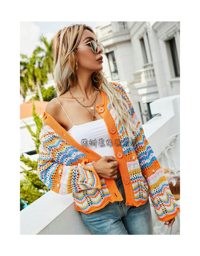 Women's Rainbow Knit Button Cardigan Sweater Long Sleeve Multicolor Striped Sweater Cardigan Jacket